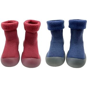 FedMois 2 paar Baby kruipschoenen winter eerste schoentjes thermische slofjes antislip sokken pantoffels, rood en blauw, 12 maanden