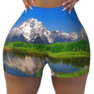 ELRoal Dames sport elastische shorts mooie landschap afdrukken vrouwen workout shorts ademend en sneldrogend yoga shorts, Zwart, XXL-3XL kort