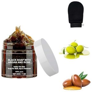 Zawina Morocco Black Beldi Soap, zwart zeep met argan en roos, Zawina Morocco Body Scrub (1 doos)