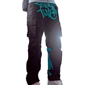 Minus Two Cargo broek, Vintage Hip Hop Street Pocket hoge taille rechte broek met verstelbare elastische band, ademende print, Minus Two Rechte broek, uniseks