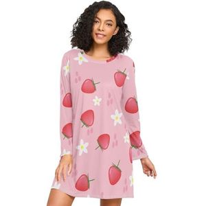 LI ZHI XIN Nachthemd voor dames, lange mouwen, nachthemd voor dames, slaapshirts, nachtkleding, ronde hals, losse grote maten, nachtkleding, XXXL, fruit, aardbei, bloemen, bloem, Meerkleurig, S