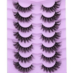 Cat Eye Valse Eeylashes Faux Mink Wimpers Wispy Cat Eye 6D Volume Russische Strip D Krul Dikke Gekruiste Zachte Nep Wimpers 7 paar Pack [J,]