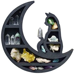 Crystal Shelf Display, Cat in The Moon Crystal Houten Plank, Moon Shelf voor Kristallen, Stenen, Moon Phase Crystal Shelf Organizer Decoratief voor Home Decor