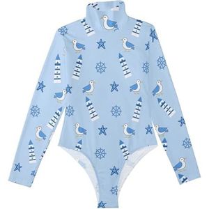 LI ZHI XIN Rompertjes met lange mouwen voor dames, eendelige jumpsuit met hoge hals, coltrui, turnpakje, top voor meisjes, dans, workout, fitness, bodysuit, vuurtoren, zeevogels, cartoonpatroon