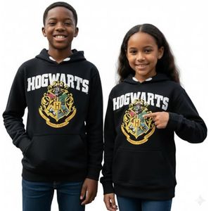 Harry Potter Hogwarts-hoodie met licentie, uniseks hoodie voor kinderen, officieel sweatshirt van Hogwarts Crest met verhoogde pofprint en mouwdetails, leeftijd 1 tot 13 jaar, zwart, Zwart, 11-13 jaar
