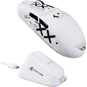 ATTACK SHARK G3PRO Draadloze Gamingmuis met Magnetisch Oplaadstation, PixArt PAW3311 Sensor, Tot 25.000 DPI, BT/2,4 GHz/Bedraad, 100M Klikken, 59g SUPERLIGHT Muizen voor PC/Xbox/PS/Mac - Wit & Tape