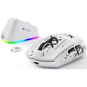 ATTACK SHARK G3PRO Draadloze Gamingmuis met Magnetisch Oplaadstation, PixArt PAW3311 Sensor, Tot 25.000 DPI, BT/2,4 GHz/Bedraad, 100M Klikken, 59g SUPERLIGHT Muizen voor PC/Xbox/PS/Mac - Wit & Tape