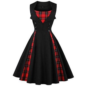 AXOE Dames Vintage Jurk Jaren 50 A-Lijn Jurken met Stippenprint Bruiloft Zakelijk Feestjurk Ademend Katoen Knie-lengte Zwart met Rood Ruit, Maat 44, XL