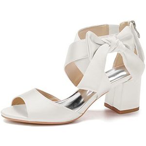 Dames Trouwschoenen met open teen Enkelbandje Blok Dikke hak Bruidssandalen Achterkant Rits Feestjurk Pumps,ivoor,35 EU