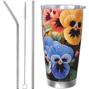 QMNEHJ 20oz roestvrijstalen beker met deksel en rietje, dubbelwandige vacuüm geïsoleerde koffie thermische beker viooltje bloemen reizen koffiemok herbruikbare waterfles voor warme en koude drank