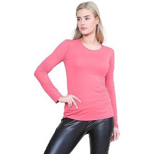 janisramone® T-shirts met lange mouwen voor vrouwen, effen ronde hals, ademend, basic zomertops voor vrouwen, rekbaar, slank, getailleerd, uitgaanstops, Koraal, 42-44 grote maten