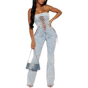 LoprNsdgt Bodycon Denim Jumpsuit Voor Dames Sexy Lace Up Tube Top Night Club Lange Denim Jumpsuits,Blauw,L