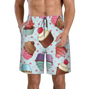 JIAWUJYNB Cupcake patroon print heren strandshorts zomer shorts met sneldrogende technologie, licht en casual, Wit, S