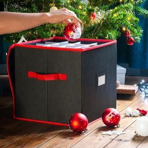 CKB LTD Zwarte kerstballen opbergdoos kubus met verdelers voor maximaal 64 kerstballen, opvouwbare kerstversieringen en decoraties container 33 x 33 cm (zwart, rood)