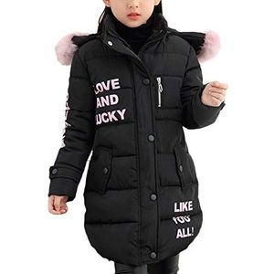 DaiHan Lange winterjas voor meisjes, wintermantel met capuchon van imitatiebont en warme jas, zwart, 140 cm