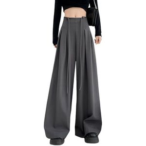 Dames Casual Palazzo Broek Hoge Taille Wijde Pijpen Zakelijke Lange Rechte Broek met Zakken,Grijs,L