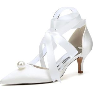 KYEGLO Gesloten Teen Hoge Hakken Sandalen Met Grote Parel/Spitse Teen Kitten Heels Met Enkelbandje, Feest- En Bruiloftsschoenen, Cadeaus Voor Vrouwen,ivoor,36
