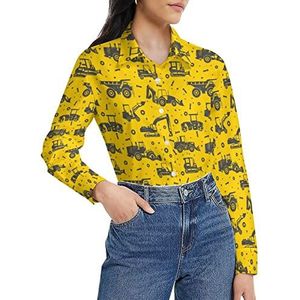 Cartoon graafmachine en tractor damesshirt lange mouw button down blouse casual werk shirts tops XL