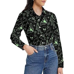 Green Lines Cryptid patroon damesshirt lange mouwen button down blouse casual werk shirts tops M