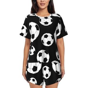 Voetbal Zwarte Print Dames Zomer Zachte Tweedelige Bijpassende Outfits Korte Mouw Pyjama Lounge Pyjama Sets, Zwart, M