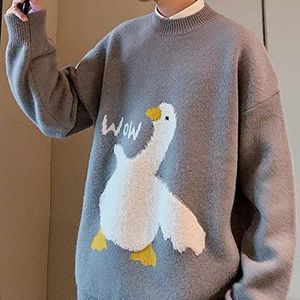 Koreaanse stijl Kawaii Cartoon Goose Print gebreide trui vrouwen Harajuku oversize Crewneck lange mouw trui pullover-Grey,L