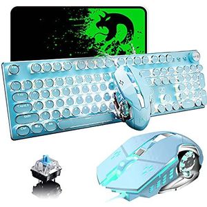 X9 USB Bedraad Mechanisch Gaming Toetsenbord Blauwe Schakelaar Retro Steampunk Schrijfmachine Stijl Wit LED Backlit 104-Key Anti-Ghosting + 2400 DPI 6 Knoppen Game Muis Compatibel met PC Office-Blauw