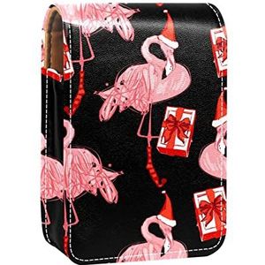 Lipgloss Houder Lipstick Case Draagbare Mini Lipstick Opbergdoos Reizen Lipstick Organizer Case met Spiegel voor Vrouwen Kerst Hoed Roze Rood Geschenken Flamingo Patroon, Meerkleurig, 9.5x2x7 cm/3.7x0.8x2.7 in