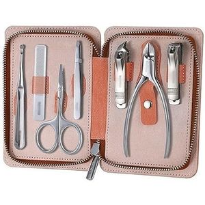 Manicureset, nagelknipperset, Pakket van 7 draagbare manicure- en pedicuresets met leren hoes, veelkleurig for mannen vrouwen(Pink)