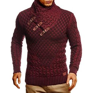 Leif Nelson Gebreide herentrui met lange mouwen, slimfit shirt, basic sweatshirt met sjaalkraag en kunstleer, Bordeaux Zwart, 3XL
