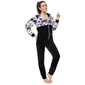 LEVERIE Trendy dames wellnesspak/huispak/trainingspak (made in EU) met stijlvol sweatjack en comfortabele broek, Zwart met bloemenpatroon., M