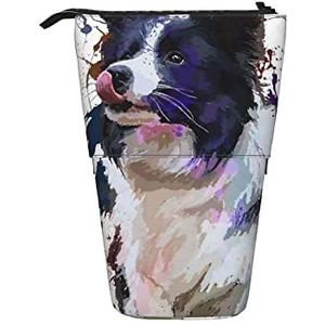 351 Stand Up Potlood Houder Border Collie Art Hond Schilderen Potlood Pouch Grote Capaciteit Telescopische Potlood Tas Lichtgewicht Studenten Briefpapier Case, voor Tiener, Jongens, Studenten, Etui