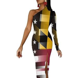 Zwart En Wit USA Maryland Vlag Zomer Maxi Jurk Voor Vrouwen Halve Mouw Lange Jurk Slanke Split Avondjurken S