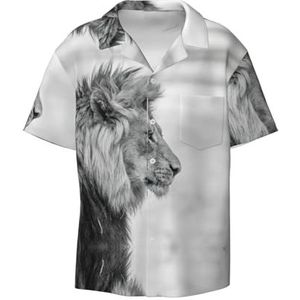 Wildlife Leeuwenprint herenoverhemden atletisch slim fit korte mouw casual zakelijk overhemd met knopen, Zwart, XXL