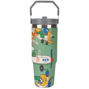 FHECVBN Grote Capaciteit Auto Cup Koffie Tumbler Veel Cartoon Kleine Vliegtuigen Koffie Mok Flip Stro Tumbler Rvs Cup Geïsoleerde Tumbler Travel Mok 30oz