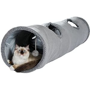 OHANA Tunnelspeelgoed voor katten, van suède, grote opvouwbare kattentunnel met 2 gaten en hangende bal voor katten, kittens, konijnen, diameter 30 x 130 cm