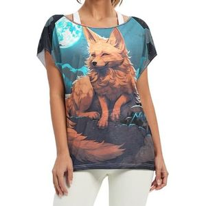 Fine Art Fox Moon Damesshirt met korte vleermuismouwen en ronde hals, losse tops voor meisjes, Patroon, M