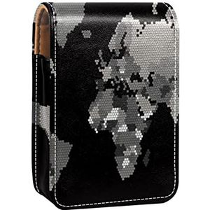 Lippenstift Hoesje met Spiegel Gestippelde Grijze Schaal Wereldkaart Zwarte Lip Gloss Houder Draagbare Lippenstift Opbergdoos Reizen Make-up Tas Mini Lederen Cosmetische Pouch Houdt 3 Lippenstift