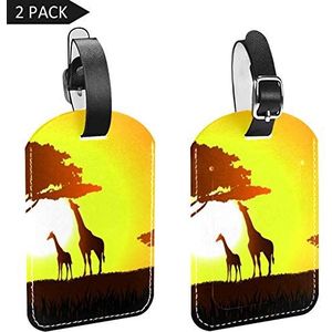 PU Lederen Bagage Tags Naam ID Labels voor Reistas Bagage Koffer met Terug Privacy Cover 2 Pack,Sunset Twee Giraffen met Paarden