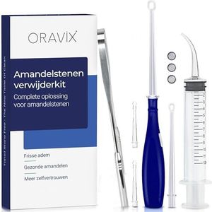 Oravix Amandelstenen Verwijder Kit - LED Tool Met 3 Mondstukken - Gebogen Spuit & RVS Tongschraper