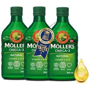 Möller's Omega 3 levertraan | Voedingssupplement met EPA, DHA, Vit A, D en E | Hoge zuiverheid natuurlijk | 165 jaar oud merk | Superior Taste Award | Neutrale smaak | 250 ml x 3