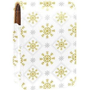 Gouden Sneeuwvlok op Wit-01 Draagbare Lipstick Case voor reizen, Mini Lipstick Opbergdoos met spiegel voor vrouwen dames, Lederen Cosmetische Pouch, Meerkleurig, 9.5x2x7 cm/3.7x0.8x2.7 in