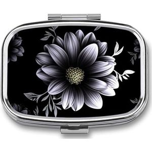 Zwart met Bloem Gedrukt Draagbare Pillencontainer Reizen Pillen Gevallen met Spiegel 2 Compartiment Geneeskunde Doos Decoratieve Metalen Geneeskunde voor Pocket Purse Reizen Dagelijks