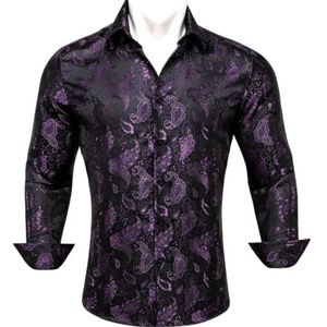 SDFGH Mannen Zijde Lange Mouw Paars Zwarte Bloem Geborduurde Slim Fit Mannelijke Blouses Casual Ademende Tops (Color : D, Size : XXL)