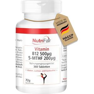 Vitamine B12 500μg 5-MTHF 200μg - 360 tabletten - methylcobalamine - actief foliumzuur - hoge dosis - 100% veganistisch - Duitse productie & laboratoriumtest - NutriFair | Premium & Fair
