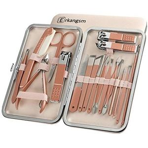 Professionele manicure pedicure roestvrijstalen set - Erkangsm 18-in-1 manicure pedicure verzorgingsset, nagelknippers, teennagels schaar, oorkeuze, nagelgereedschap met PU-lederen reisetui (roze)