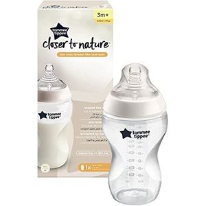 Tommee Tippee Closer to Nature Babyfles, natuurlijk gevormde drinkzuiger met anti-koliekventiel, 340 ml, set van 1, helder (kleur en design kan variëren)