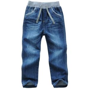 Kinderen Jongens Lange Rechte Jeans - Lente Herfst Katoenen Denim Broek - School Buiten Elastische Taille Trekkoord Bodem (Blauw, 150)