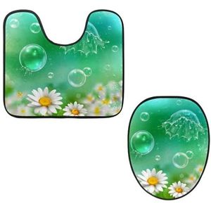 VAPOKF 2 stuks voetstuk badkamertapijten set, U-vormige contourmat en wc-dekselhoes, zachte antislip flanellen badkamillehoes voor badkamer - zeepbellen kamille