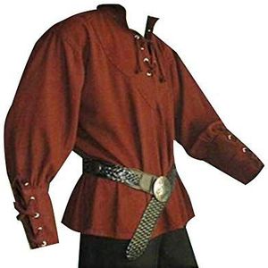 Heren Middeleeuwse lange mouwen hemd veterhemd opstaande kraag gothic blouses Victoriaans T-shirt, rood, M