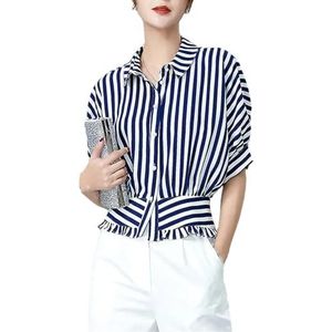 Dames elegante kantoor turndown kraag gestreepte chiffon blouses vrouwen zomer kleding mode knopen shirts, Blauw, XL